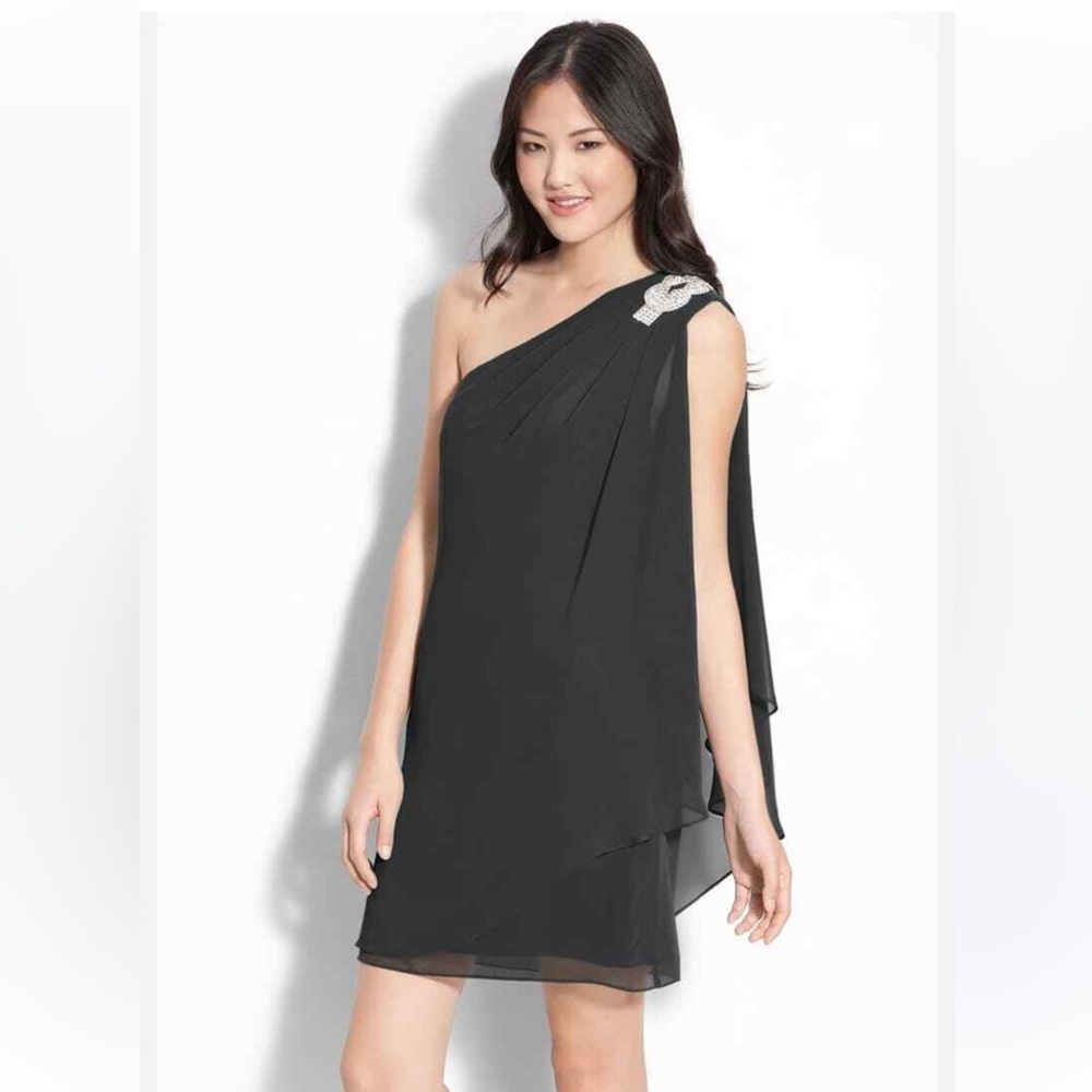 JS Boutique Black One-Shoulder Dress with Crystal Shoulder Detail